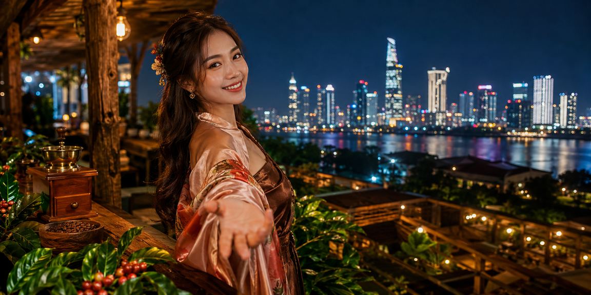 Người dùng sử dụng ứng dụng y05 trên điện thoại tại quán cà phê
